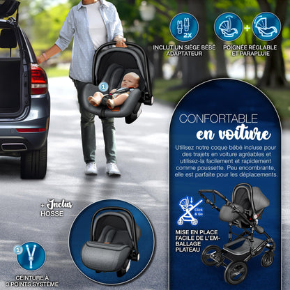 KIDUKU® 3 in 1 complete set XXL, sports seat and car seat, solid rubber tires, diaper bag and accessories, ECE R129 standard