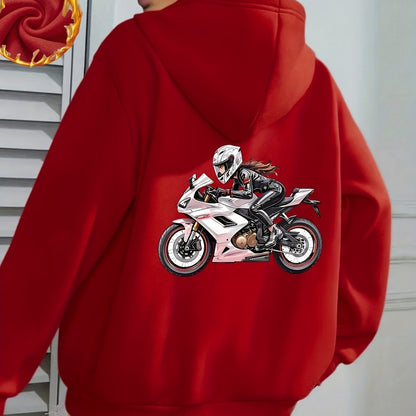 Women'S Motorcycle Graphic Hoodie - Red Casual Sporty Pullover with Back Print, Long Sleeves, and Pockets, Perfect for Casual Attire, Motorcycle Riding Gear - GoDiscount