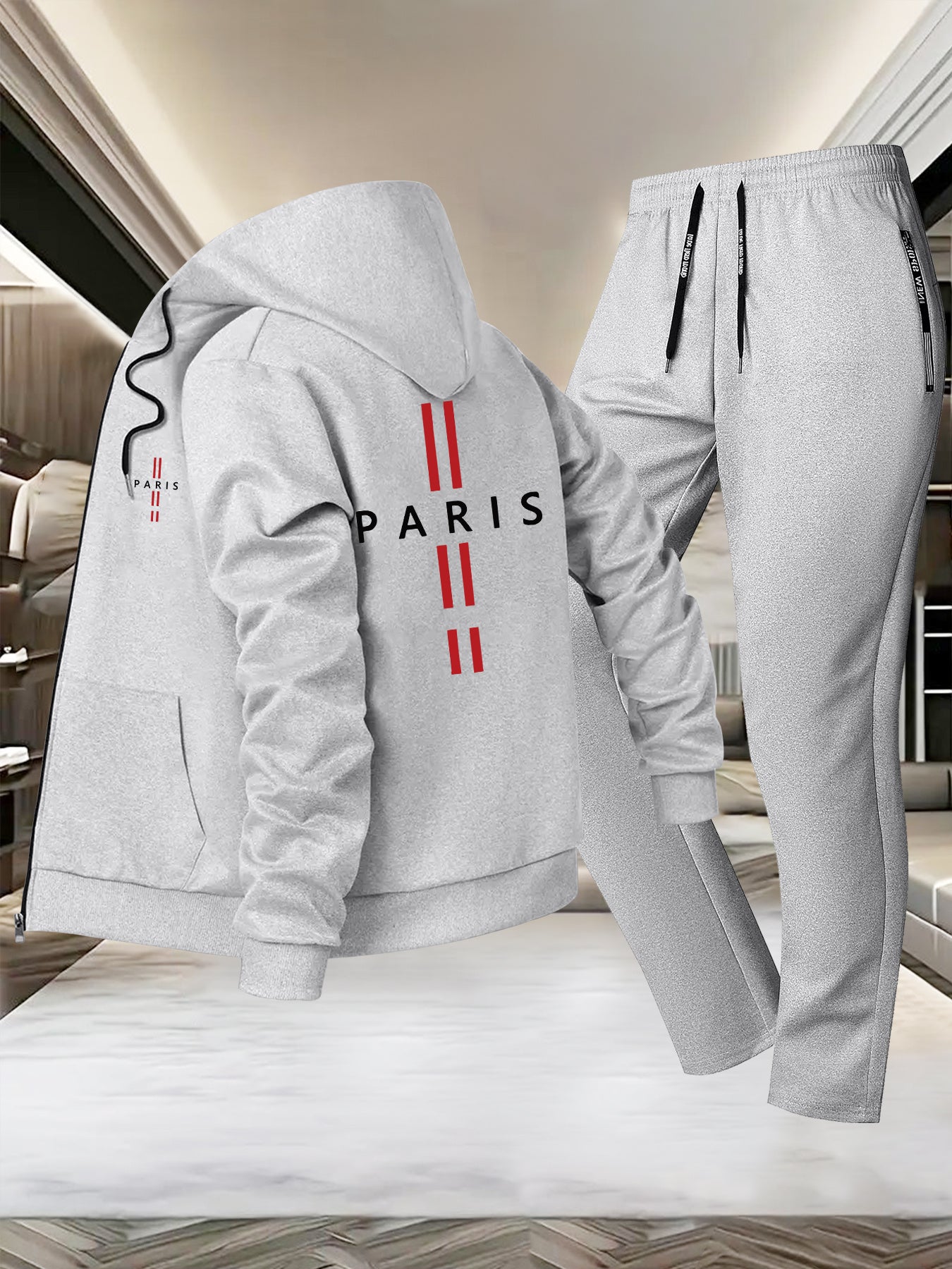 Men'S Trendy Fall/Winter Hooded Jacket and Pants Set, Paris Letter Print Casual Business Suit, Youth Sports Baseball Uniform, Slim Fit with Pockets, Long Sleeve, Stand Collar, Casual Attire| Paris Print Jacket| Functional Poc - GoDiscount