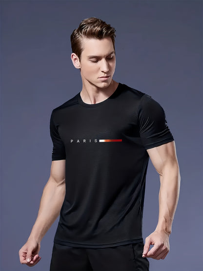 3pcs Men'S Lightweight Breathable T-Shirts - Quick - Dry Moisture - Wicking Round Neck Tops with Paris Print, All - Season Casual & Formal Wear, Sweat - Resistant - GoDiscount