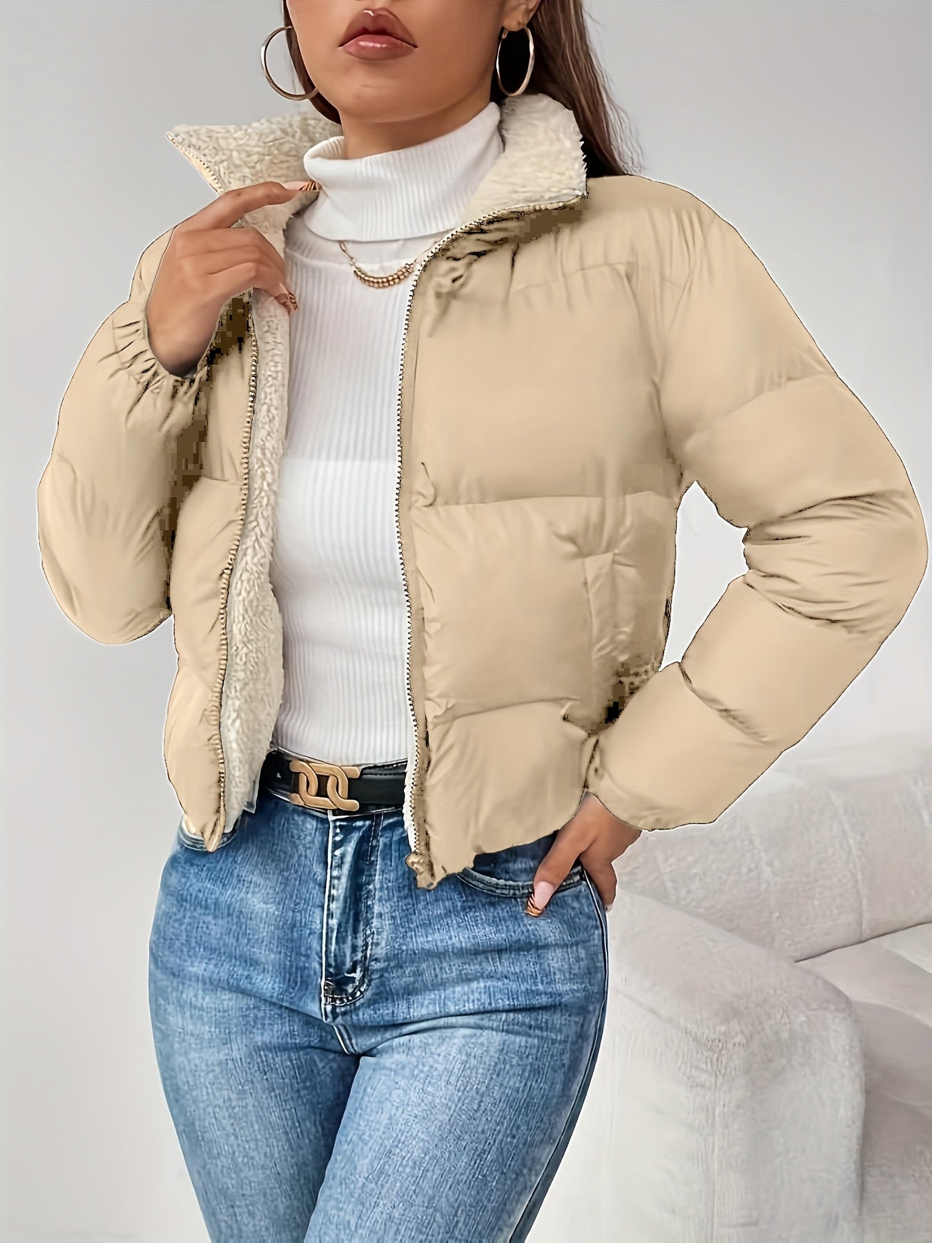 Women's Winter Warm Padded Jacket - Elegant Short Coat with Padding, Thickened Cold - Resistant Outer, Hand Washable Short Length for Dresses/Skirts (Solid Color Casual & Special Occasion Outerwear) - GoDiscount