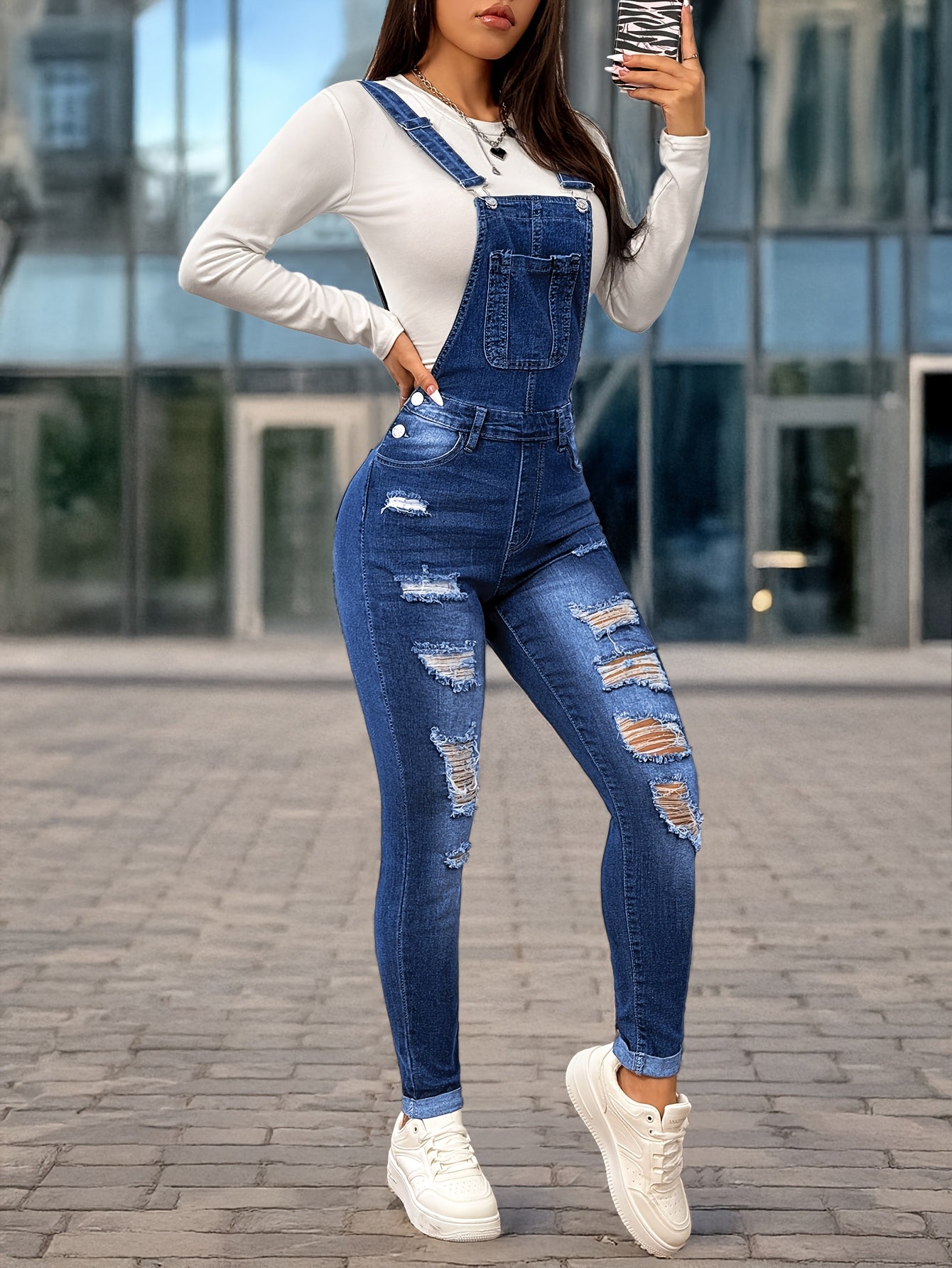 Women'S Casual Denim Overalls & Long Sleeve Top - Stretch Washed Blue with Distressed Details, Adjustable Straps, and Pockets, Perfect for Spring/Summer/Fall, Spring Summer Fashion | Distressed Denim Look | Medium Stretch Fab - GoDiscount