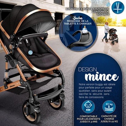 KIDUKU® 3 in 1 complete set XXL, sports seat and car seat, solid rubber tires, diaper bag and accessories, ECE R129 standard