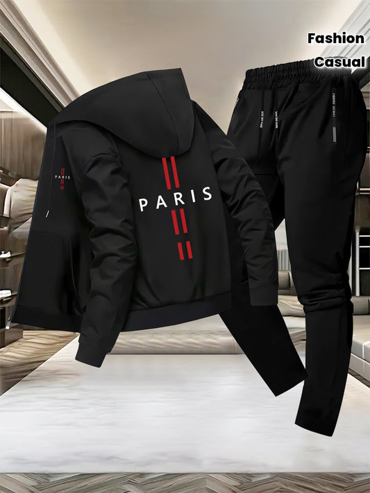 Men'S Trendy Fall/Winter Hooded Jacket and Pants Set, Paris Letter Print Casual Business Suit, Youth Sports Baseball Uniform, Slim Fit with Pockets, Long Sleeve, Stand Collar, Casual Attire| Paris Print Jacket| Functional Poc - GoDiscount