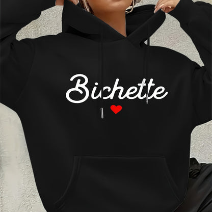 Women'S Chic Brown Hoodie with "Bichette" Print and Red Heart Design - Cozy Long Sleeve Pullover with Kangaroo Pocket, Perfect for Casual Fall/Winter Wear, Casual Wear Hoodie | Chic Casual Style | Polyester Hoodie - GoDiscount