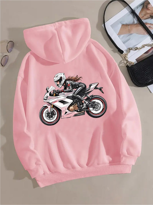 Women'S Motorcycle Graphic Hoodie - Red Casual Sporty Pullover with Back Print, Long Sleeves, and Pockets, Perfect for Casual Attire, Motorcycle Riding Gear - GoDiscount