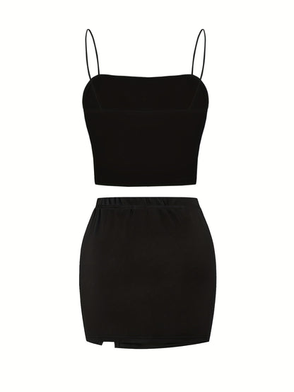 Sexy Women'S Suit, Fashionable And Versatile Solid Color Slit Bodycon Skirt And Thin Strap Camisole Top 2pcs Set, Slim And Sexy Suit, Suitable for Dinner Party Lovers, Off Shoulder Top Xx, Strapless Bra/top, Crop Singlet, Wom - GoDiscount
