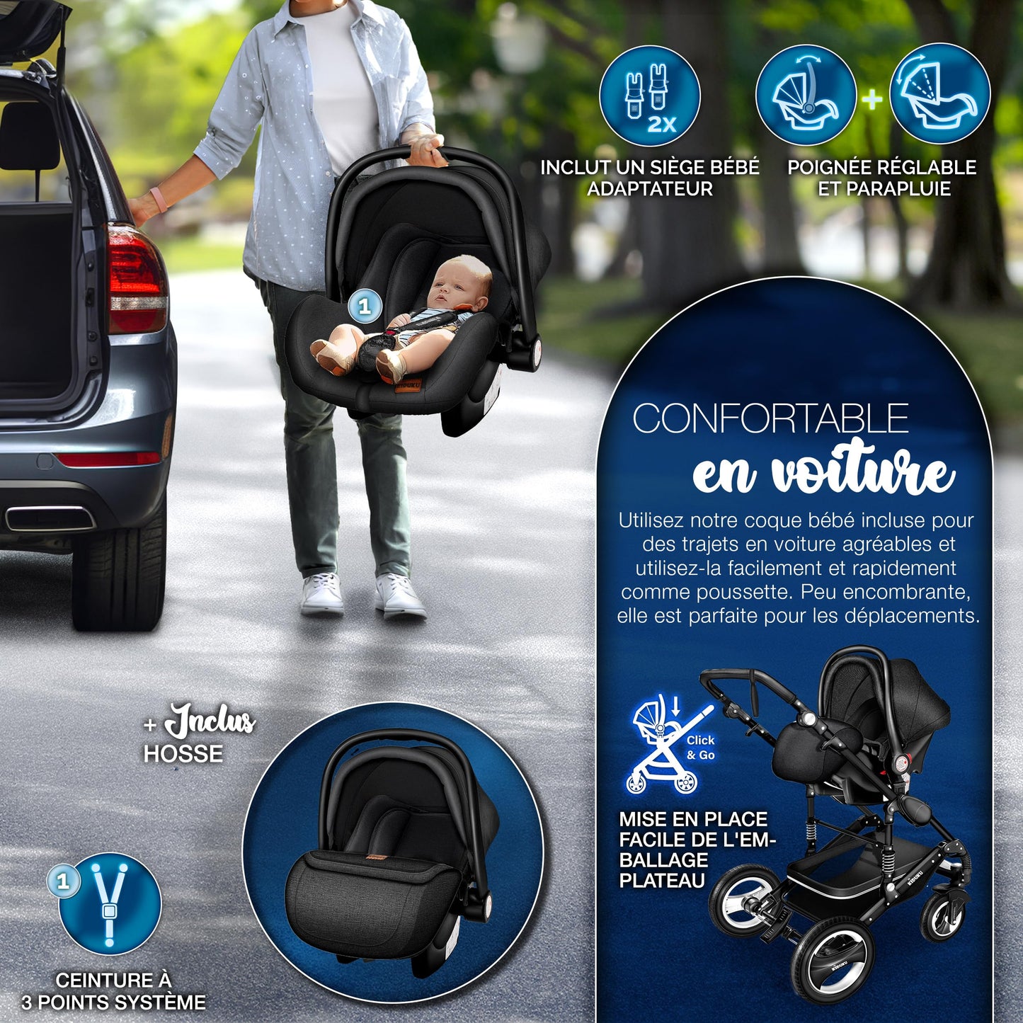 KIDUKU® 3 in 1 complete set XXL, sports seat and car seat, solid rubber tires, diaper bag and accessories, ECE R129 standard
