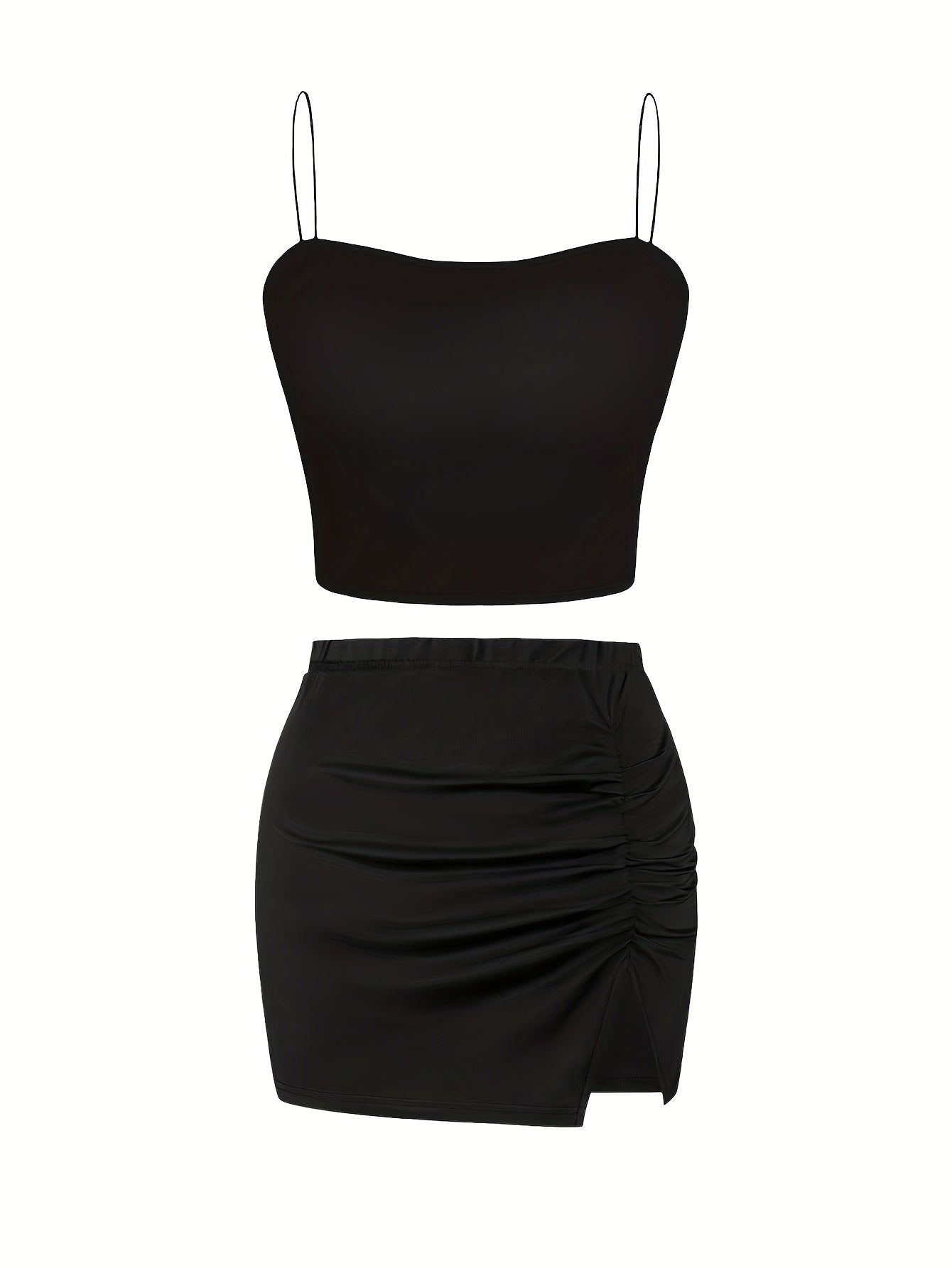 Sexy Women'S Suit, Fashionable And Versatile Solid Color Slit Bodycon Skirt And Thin Strap Camisole Top 2pcs Set, Slim And Sexy Suit, Suitable for Dinner Party Lovers, Off Shoulder Top Xx, Strapless Bra/top, Crop Singlet, Wom - GoDiscount