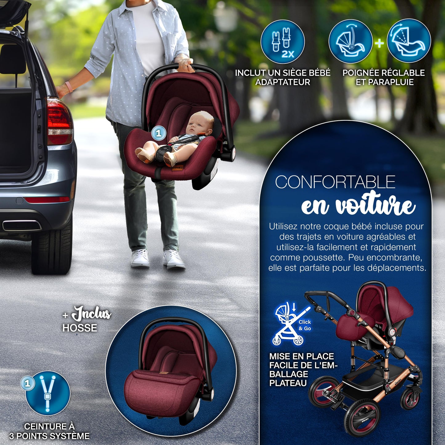 KIDUKU® 3 in 1 complete set XXL, sports seat and car seat, solid rubber tires, diaper bag and accessories, ECE R129 standard