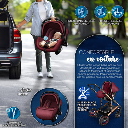KIDUKU® 3 in 1 complete set XXL, sports seat and car seat, solid rubber tires, diaper bag and accessories, ECE R129 standard
