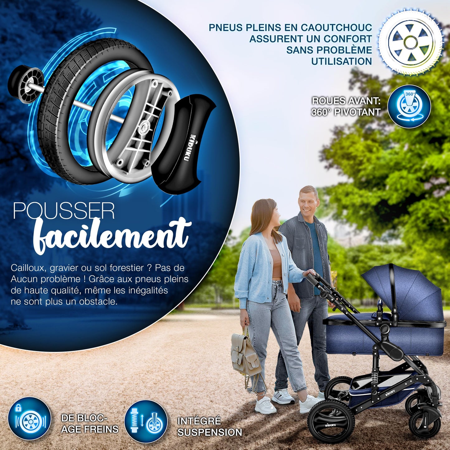 KIDUKU® 3 in 1 complete set XXL, sports seat and car seat, solid rubber tires, diaper bag and accessories, ECE R129 standard