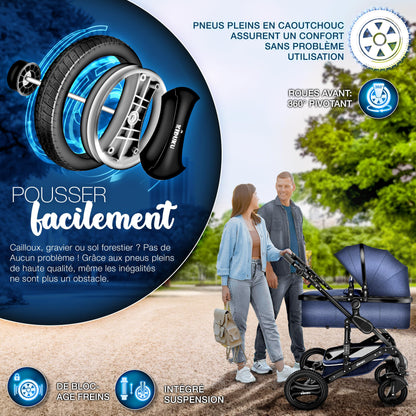 KIDUKU® 3 in 1 complete set XXL, sports seat and car seat, solid rubber tires, diaper bag and accessories, ECE R129 standard