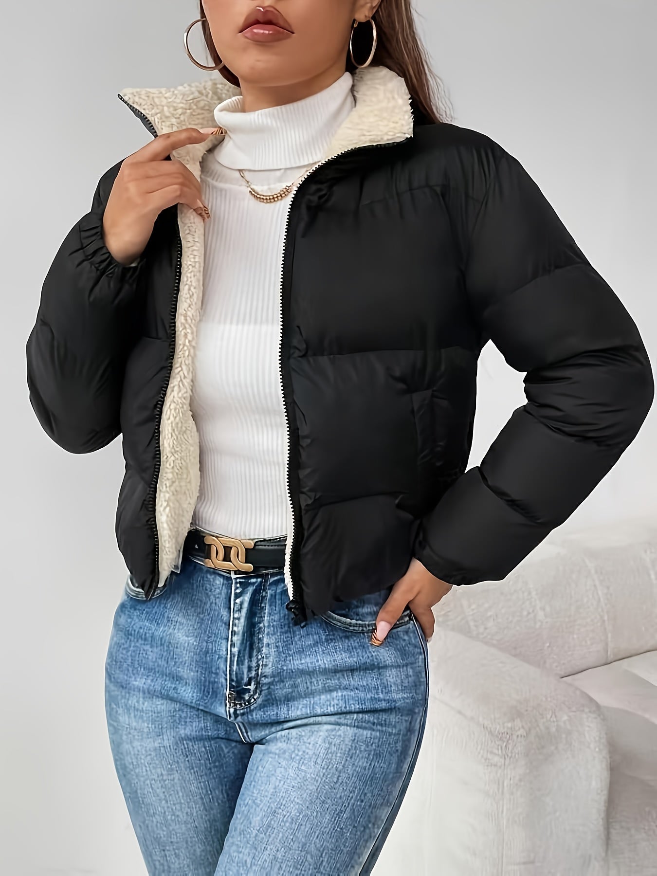 Women's Winter Warm Padded Jacket - Elegant Short Coat with Padding, Thickened Cold - Resistant Outer, Hand Washable Short Length for Dresses/Skirts (Solid Color Casual & Special Occasion Outerwear) - GoDiscount