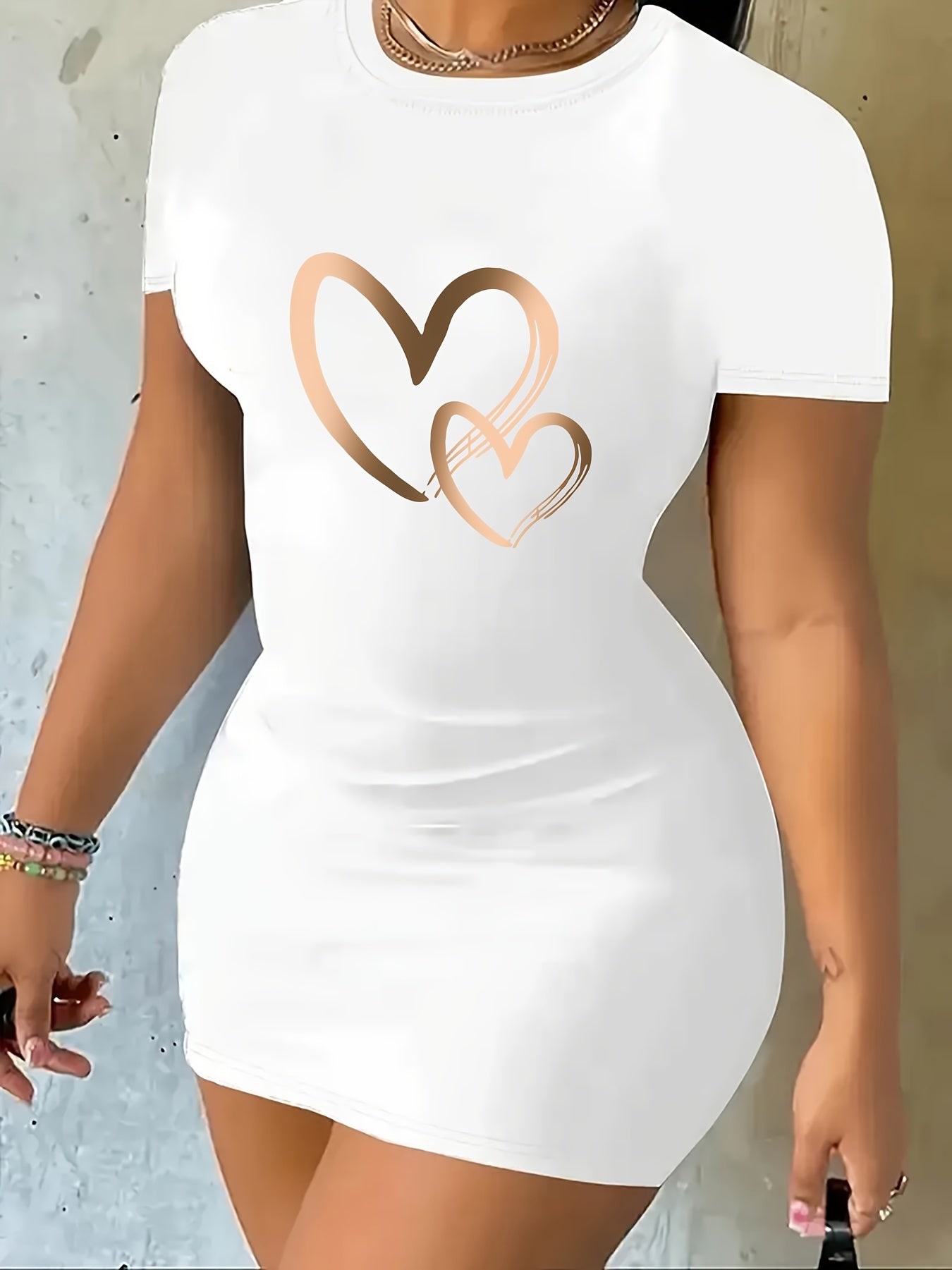 Women's Sporty Geometric Heart Print Dress - Stretchy Round Neck Short Sleeve, Machine Washable All - Season Casual & Athletic Wear, Easy Maintenance Clothing, Comfortable Fit - GoDiscount