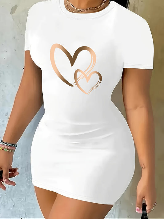 Women's Sporty Geometric Heart Print Dress - Stretchy Round Neck Short Sleeve, Machine Washable All - Season Casual & Athletic Wear, Easy Maintenance Clothing, Comfortable Fit - GoDiscount