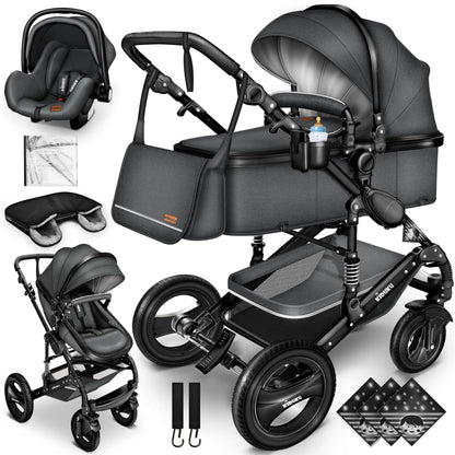 KIDUKU® 3 in 1 complete set XXL, sports seat and car seat, solid rubber tires, diaper bag and accessories, ECE R129 standard