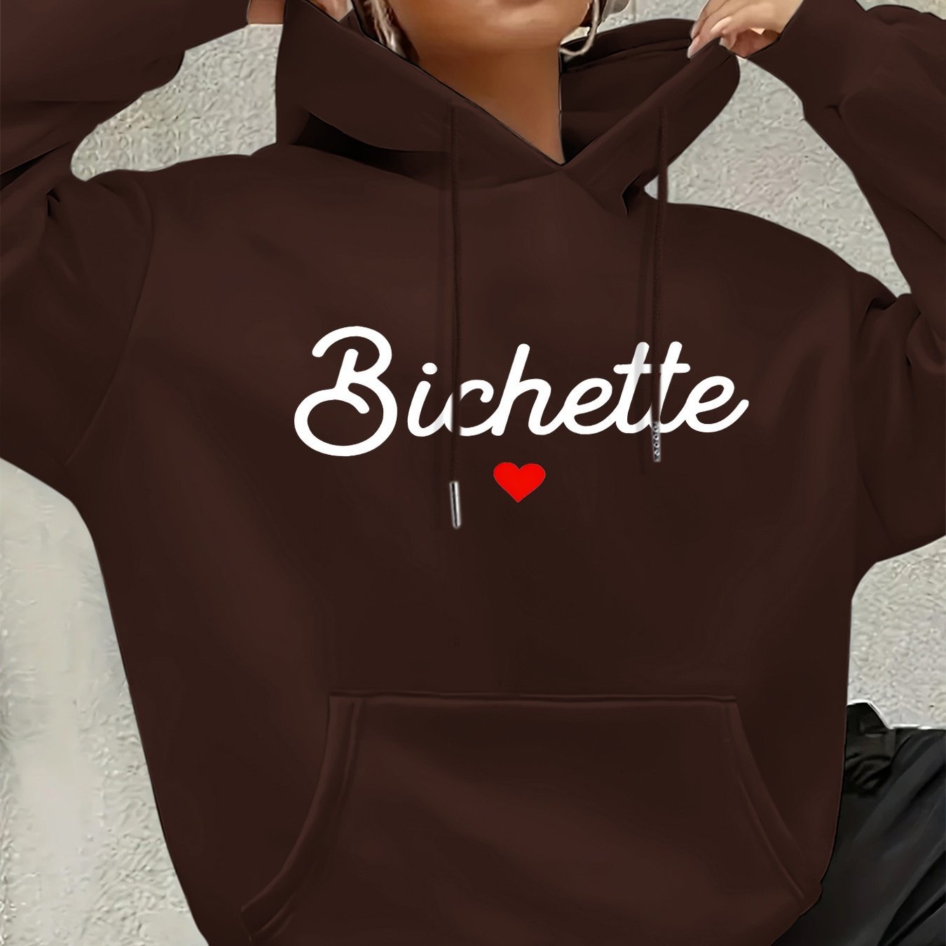 Women'S Chic Brown Hoodie with "Bichette" Print and Red Heart Design - Cozy Long Sleeve Pullover with Kangaroo Pocket, Perfect for Casual Fall/Winter Wear, Casual Wear Hoodie | Chic Casual Style | Polyester Hoodie - GoDiscount