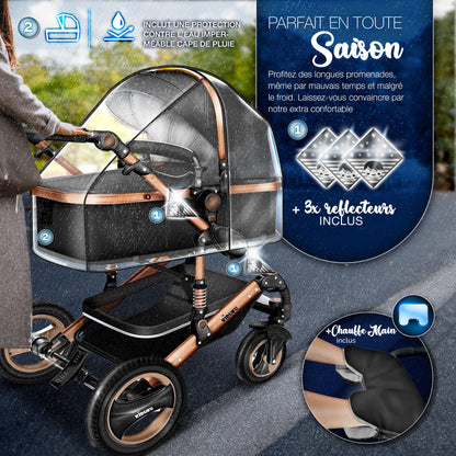 KIDUKU® 3 in 1 complete set XXL, sports seat and car seat, solid rubber tires, diaper bag and accessories, ECE R129 standard