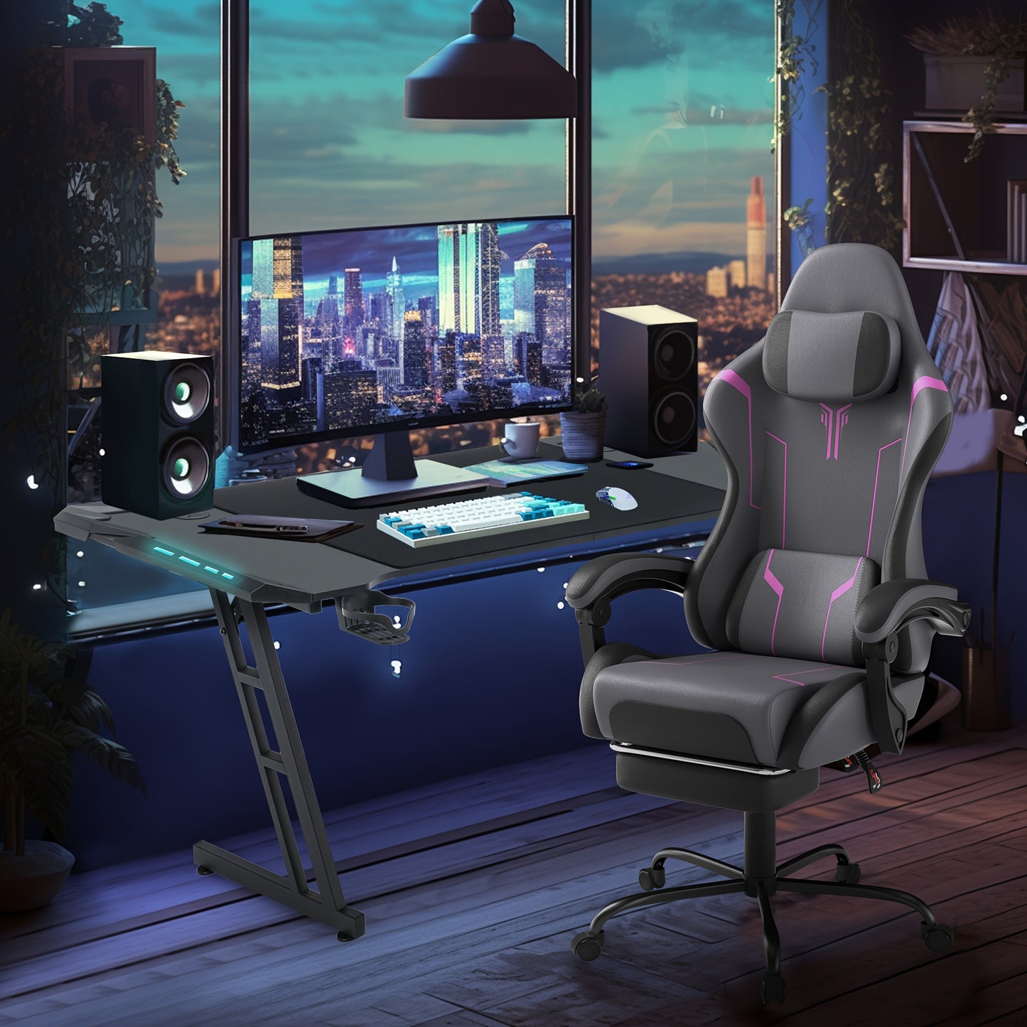 Ergonomic Gaming Chair with Massage Function, Height Adjustable Lumbar & Headrest, 360° Swivel Tilt Back (90° - 155°), Footrest - Heavy - Duty PU Office Computer Chair for, for all - Day - GoDiscount