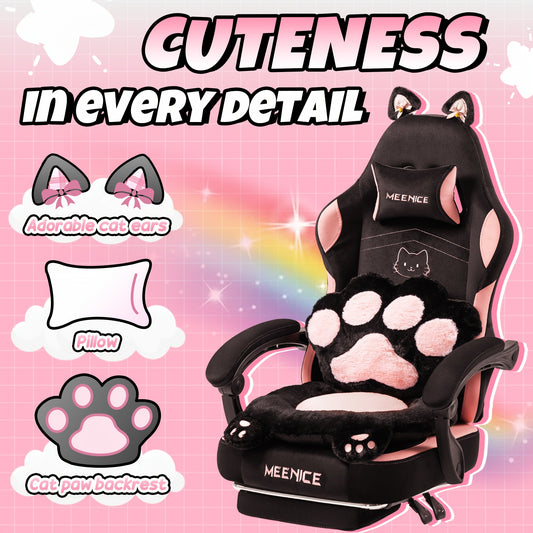 Pink Kawaii Cat Paw Gaming Chair with Cat - Ear Lumbar & Adjustable Footrest - Heavy - Duty 300 Weight Capacity, Ergonomic Office Computer Chair for Women/Girls & Adults, Soft Cushioning, Rocking Mechanism, Handle Adjustment (No - GoDiscount