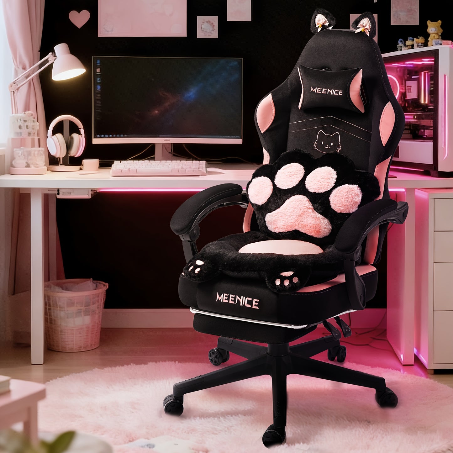 Pink Kawaii Cat Paw Gaming Chair with Cat - Ear Lumbar & Adjustable Footrest - Heavy - Duty 300 Weight Capacity, Ergonomic Office Computer Chair for Women/Girls & Adults, Soft Cushioning, Rocking Mechanism, Handle Adjustment (No - GoDiscount