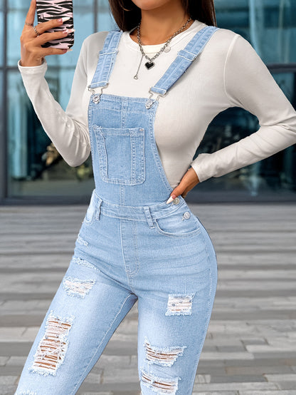 Women'S Casual Denim Overalls & Long Sleeve Top - Stretch Washed Blue with Distressed Details, Adjustable Straps, and Pockets, Perfect for Spring/Summer/Fall, Spring Summer Fashion | Distressed Denim Look | Medium Stretch Fab - GoDiscount