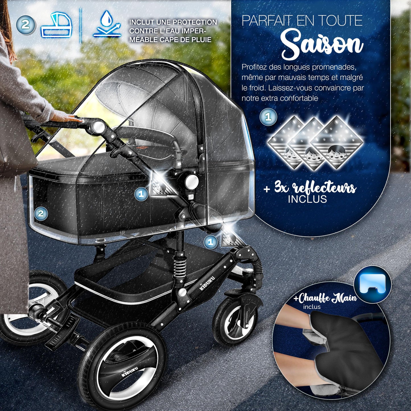 KIDUKU® 3 in 1 complete set XXL, sports seat and car seat, solid rubber tires, diaper bag and accessories, ECE R129 standard