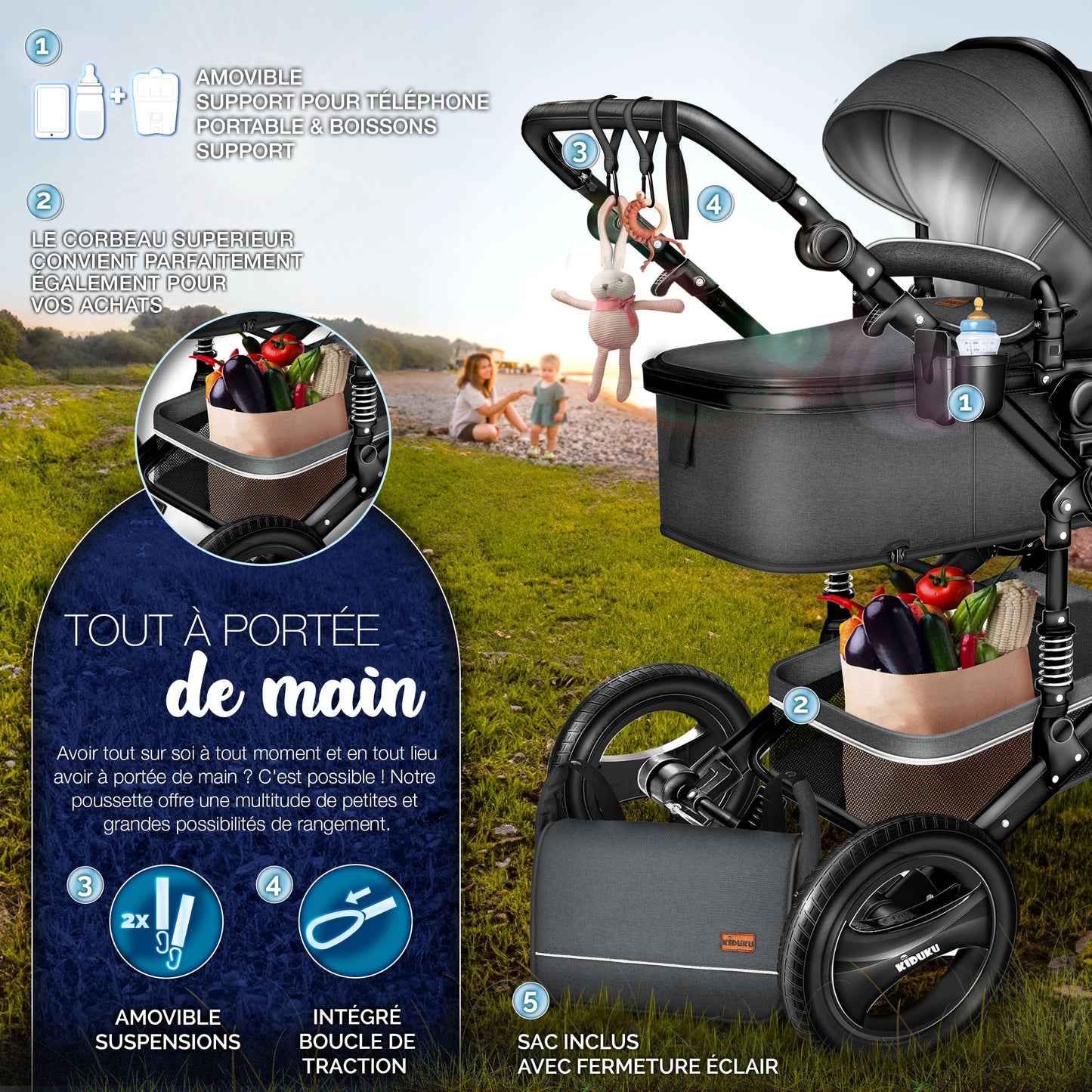 KIDUKU® 3 in 1 complete set XXL, sports seat and car seat, solid rubber tires, diaper bag and accessories, ECE R129 standard