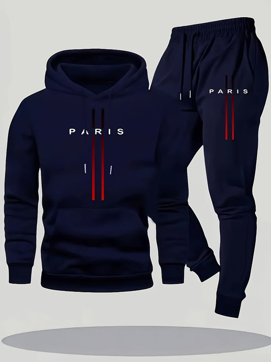 Paris Men'S Casual Fleece - Lined Hoodie and Jogger Set - Stylish Print, Long Sleeve, Kangaroo Pocket, Suitable for Autumn and Winter, Outdoor Sports Warmth, Daily Wear Home Outfit, Perfect For Outdoor - GoDiscount