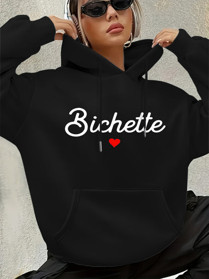 Women'S Chic Brown Hoodie with "Bichette" Print and Red Heart Design - Cozy Long Sleeve Pullover with Kangaroo Pocket, Perfect for Casual Fall/Winter Wear, Casual Wear Hoodie | Chic Casual Style | Polyester Hoodie - GoDiscount