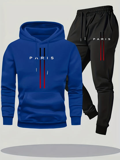 Paris Men'S Casual Fleece - Lined Hoodie and Jogger Set - Stylish Print, Long Sleeve, Kangaroo Pocket, Suitable for Autumn and Winter, Outdoor Sports Warmth, Daily Wear Home Outfit, Perfect For Outdoor - GoDiscount