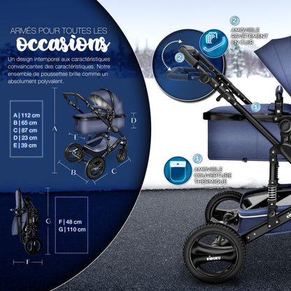 KIDUKU® 3 in 1 complete set XXL, sports seat and car seat, solid rubber tires, diaper bag and accessories, ECE R129 standard