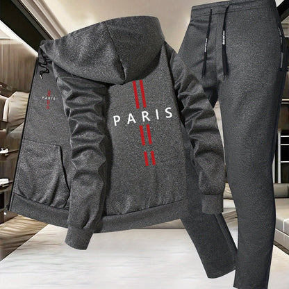 Men'S Trendy Fall/Winter Hooded Jacket and Pants Set, Paris Letter Print Casual Business Suit, Youth Sports Baseball Uniform, Slim Fit with Pockets, Long Sleeve, Stand Collar, Casual Attire| Paris Print Jacket| Functional Poc - GoDiscount