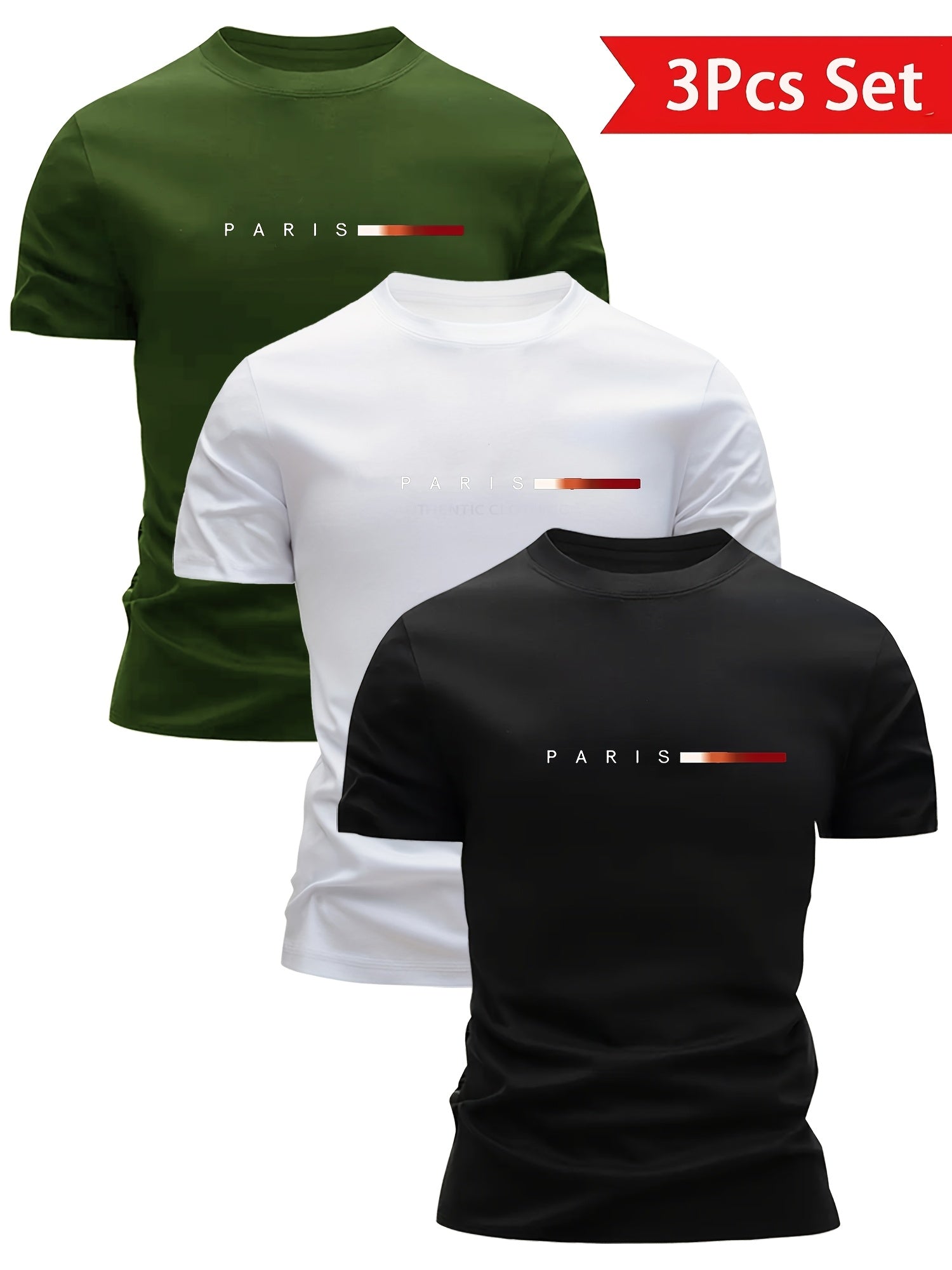 3pcs Men'S Lightweight Breathable T-Shirts - Quick - Dry Moisture - Wicking Round Neck Tops with Paris Print, All - Season Casual & Formal Wear, Sweat - Resistant - GoDiscount