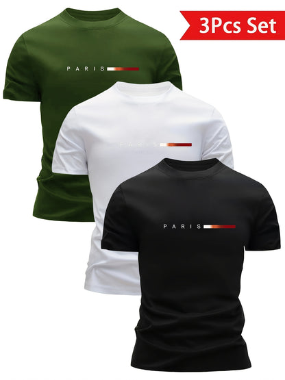 3pcs Men'S Lightweight Breathable T-Shirts - Quick - Dry Moisture - Wicking Round Neck Tops with Paris Print, All - Season Casual & Formal Wear, Sweat - Resistant - GoDiscount