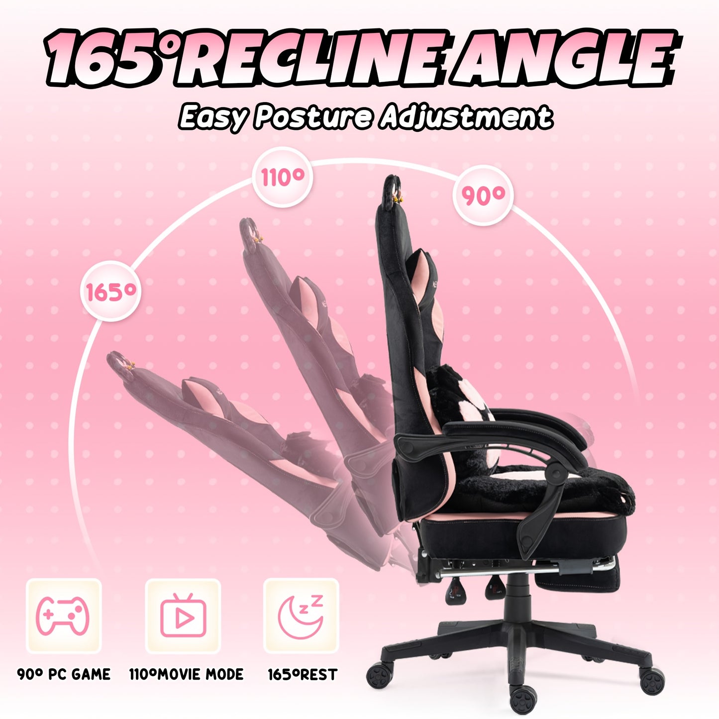 Pink Kawaii Cat Paw Gaming Chair with Cat - Ear Lumbar & Adjustable Footrest - Heavy - Duty 300 Weight Capacity, Ergonomic Office Computer Chair for Women/Girls & Adults, Soft Cushioning, Rocking Mechanism, Handle Adjustment (No - GoDiscount