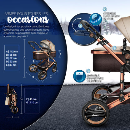 KIDUKU® 3 in 1 complete set XXL, sports seat and car seat, solid rubber tires, diaper bag and accessories, ECE R129 standard - GoDiscount