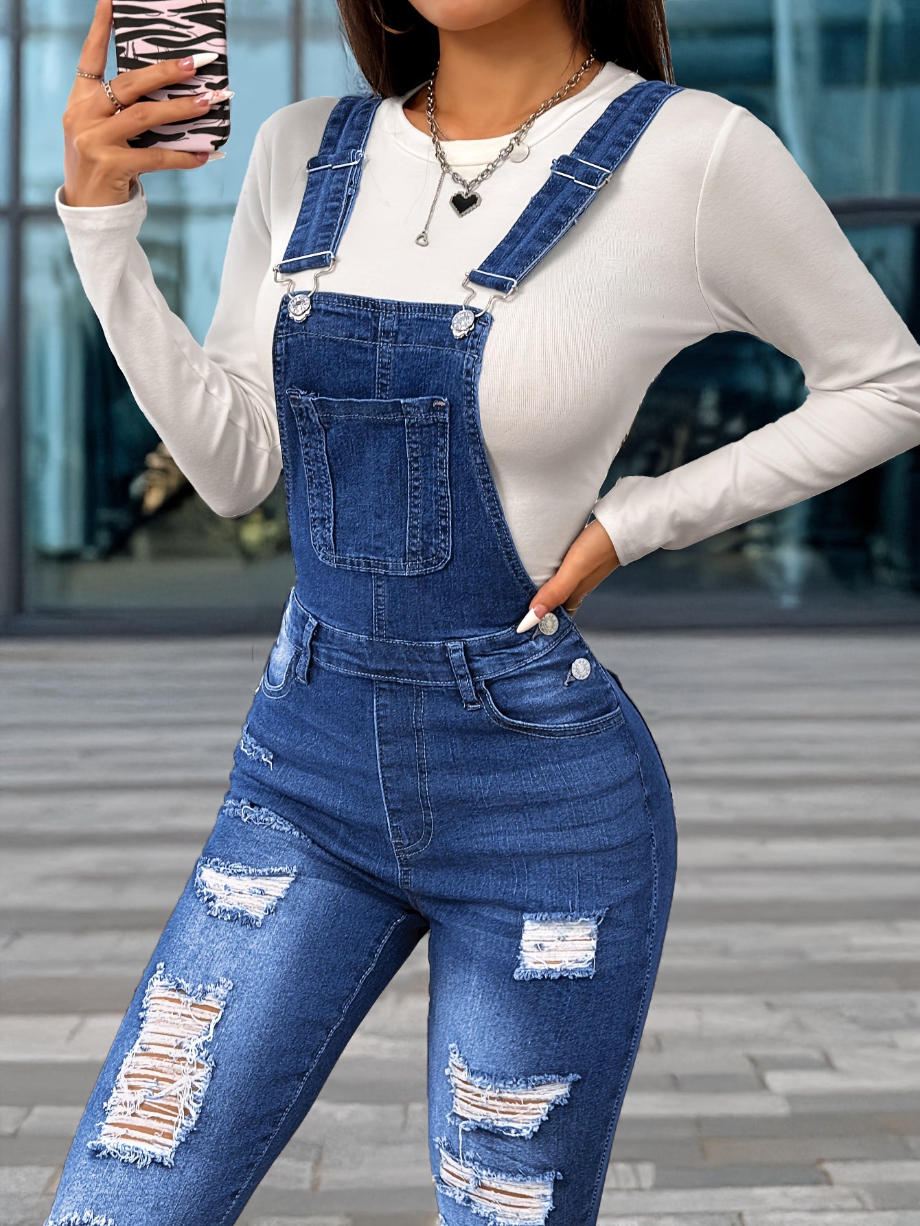 Women'S Casual Denim Overalls & Long Sleeve Top - Stretch Washed Blue with Distressed Details, Adjustable Straps, and Pockets, Perfect for Spring/Summer/Fall, Spring Summer Fashion | Distressed Denim Look | Medium Stretch Fab - GoDiscount
