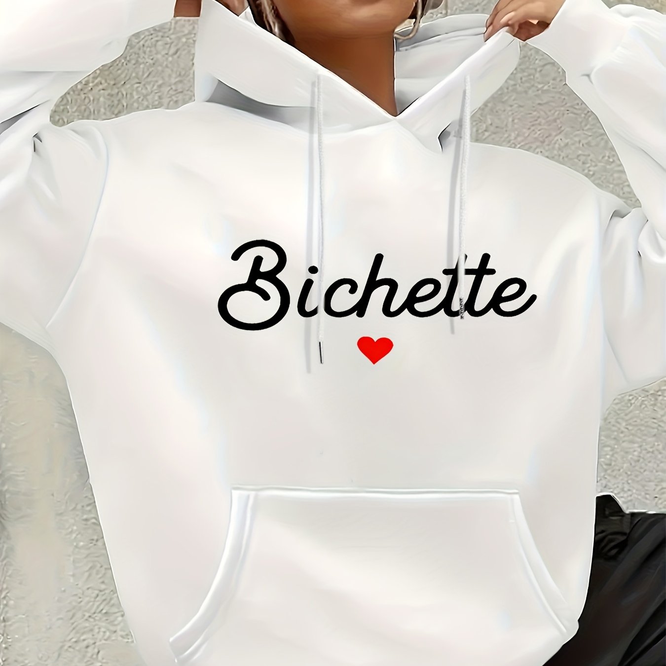 Women'S Chic Brown Hoodie with "Bichette" Print and Red Heart Design - Cozy Long Sleeve Pullover with Kangaroo Pocket, Perfect for Casual Fall/Winter Wear, Casual Wear Hoodie | Chic Casual Style | Polyester Hoodie - GoDiscount