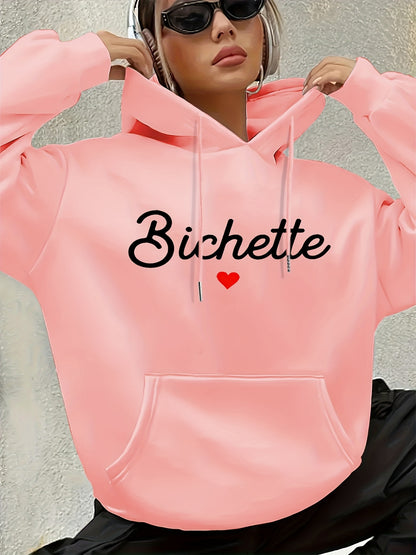 Women'S Chic Brown Hoodie with "Bichette" Print and Red Heart Design - Cozy Long Sleeve Pullover with Kangaroo Pocket, Perfect for Casual Fall/Winter Wear, Casual Wear Hoodie | Chic Casual Style | Polyester Hoodie - GoDiscount