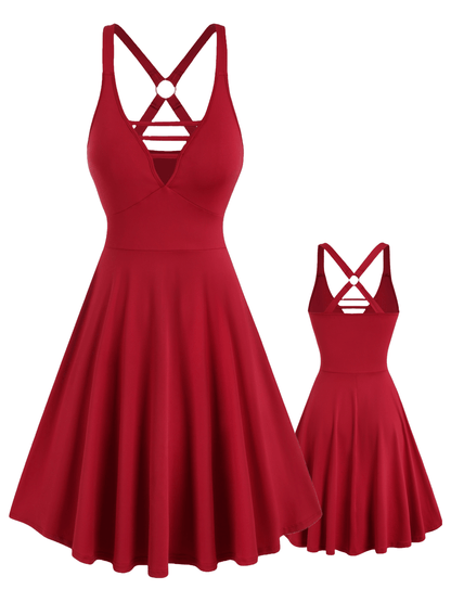 Ruffle Hem Aline Tank Dress, Elegant V - neck Sleeveless Cut Out Swing Dress For Spring & Summer, Women's Clothing - GoDiscount