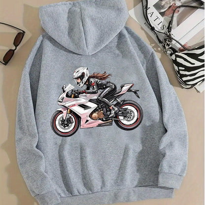 Women'S Motorcycle Graphic Hoodie - Red Casual Sporty Pullover with Back Print, Long Sleeves, and Pockets, Perfect for Casual Attire, Motorcycle Riding Gear - GoDiscount