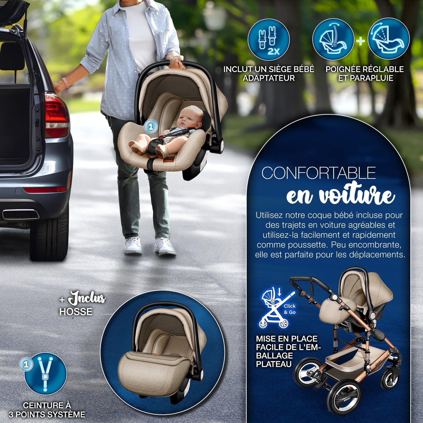 KIDUKU® 3 in 1 complete set XXL, sports seat and car seat, solid rubber tires, diaper bag and accessories, ECE R129 standard