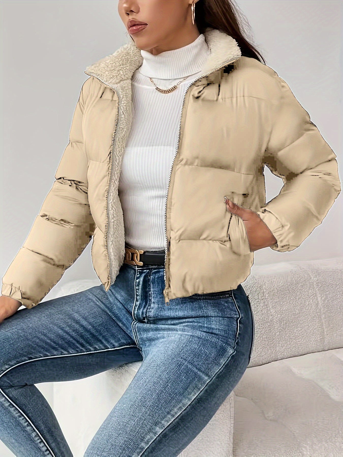 Women's Winter Warm Padded Jacket - Elegant Short Coat with Padding, Thickened Cold - Resistant Outer, Hand Washable Short Length for Dresses/Skirts (Solid Color Casual & Special Occasion Outerwear) - GoDiscount
