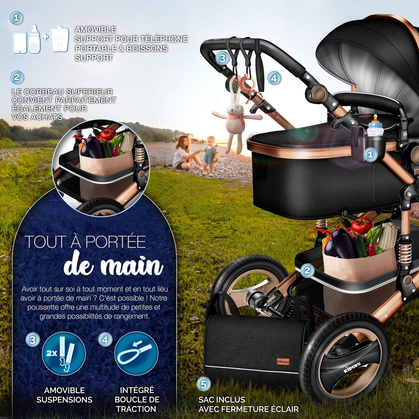 KIDUKU® 3 in 1 complete set XXL, sports seat and car seat, solid rubber tires, diaper bag and accessories, ECE R129 standard