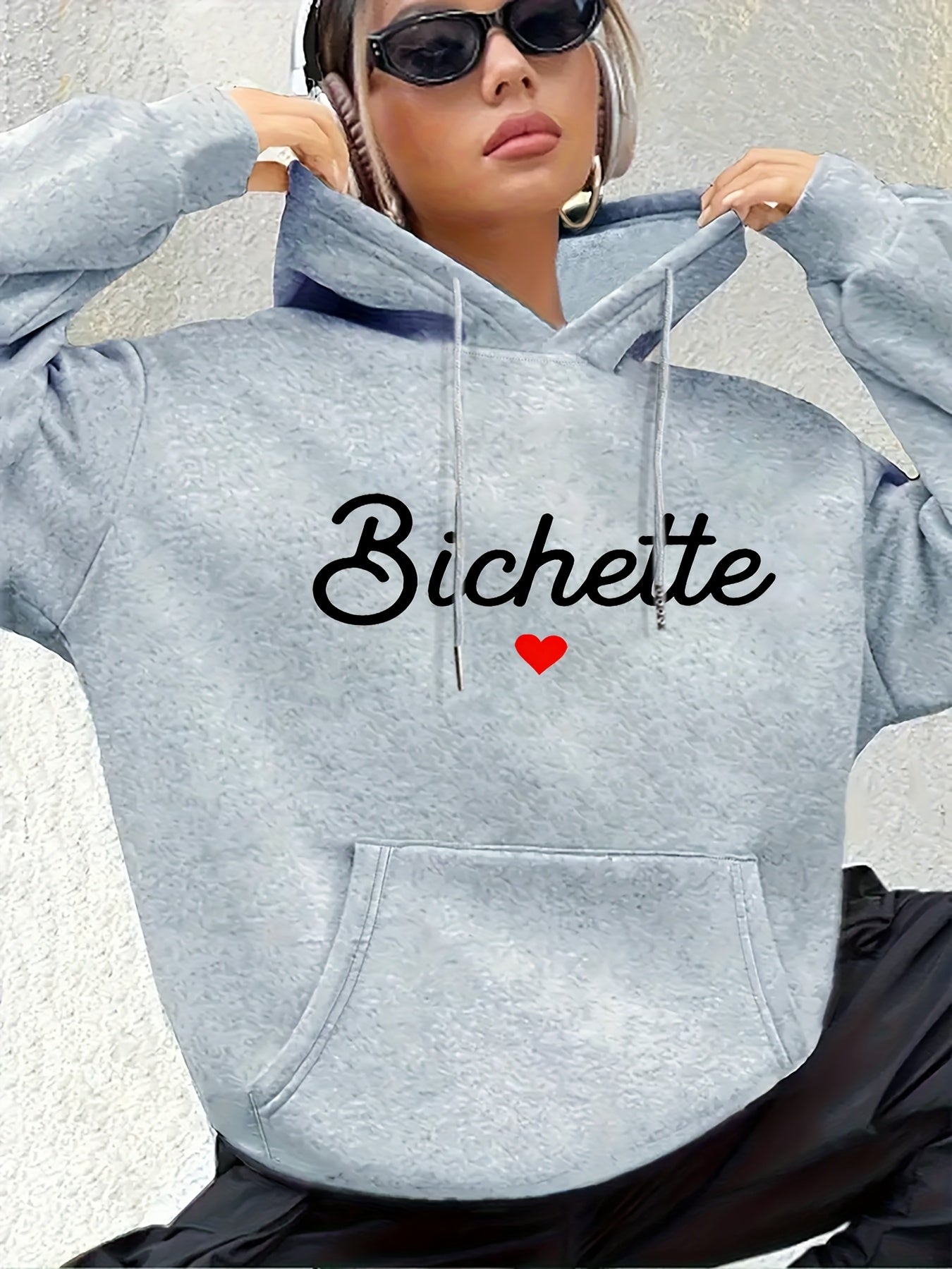 Women'S Chic Brown Hoodie with "Bichette" Print and Red Heart Design - Cozy Long Sleeve Pullover with Kangaroo Pocket, Perfect for Casual Fall/Winter Wear, Casual Wear Hoodie | Chic Casual Style | Polyester Hoodie - GoDiscount