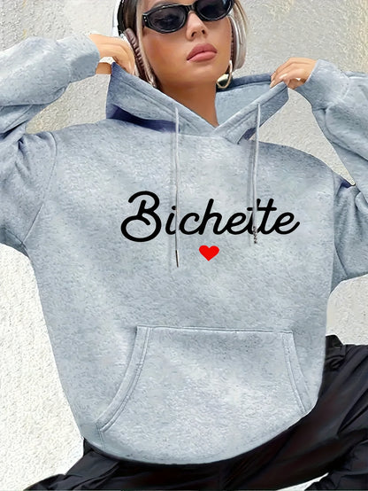 Women'S Chic Brown Hoodie with "Bichette" Print and Red Heart Design - Cozy Long Sleeve Pullover with Kangaroo Pocket, Perfect for Casual Fall/Winter Wear, Casual Wear Hoodie | Chic Casual Style | Polyester Hoodie - GoDiscount