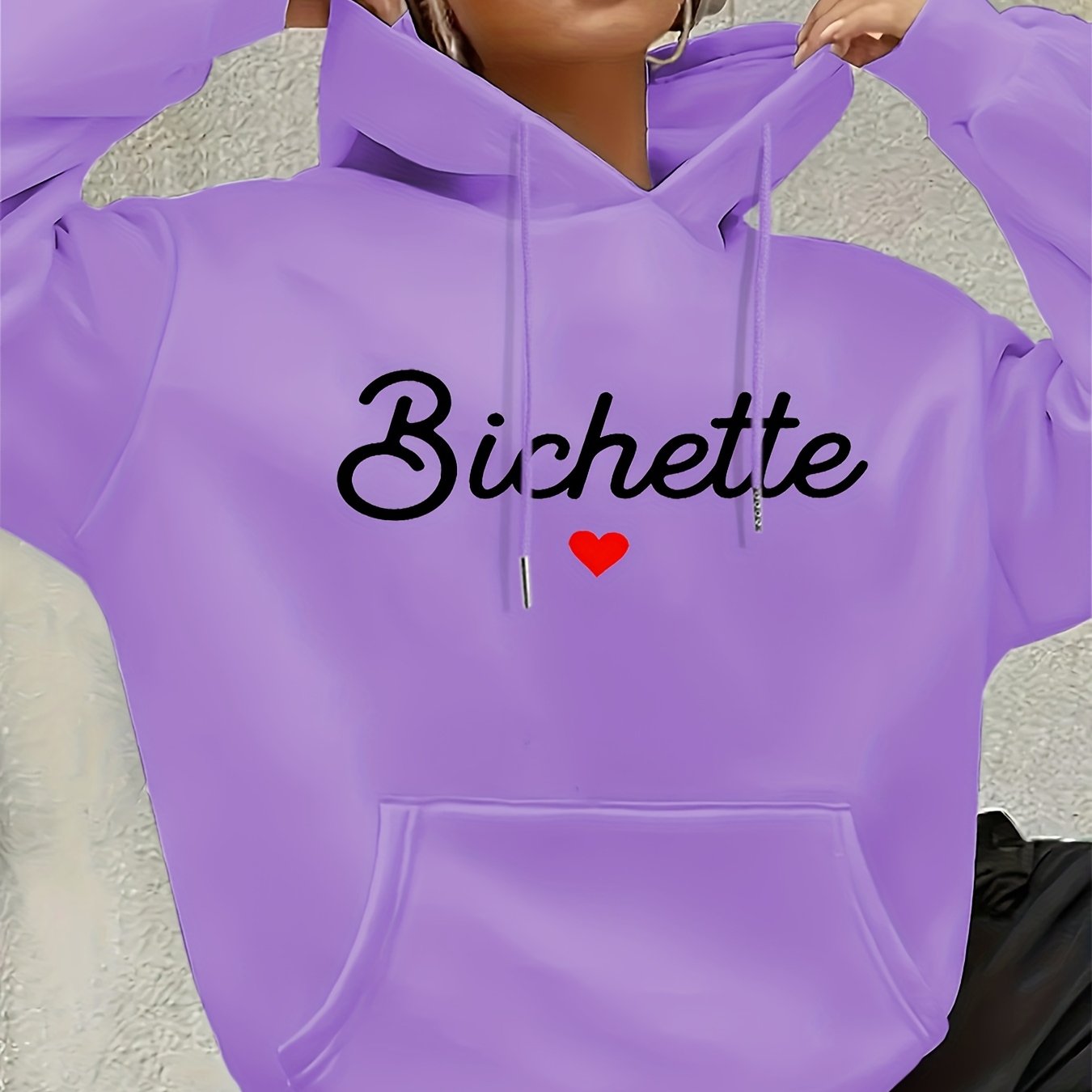 Women'S Chic Brown Hoodie with "Bichette" Print and Red Heart Design - Cozy Long Sleeve Pullover with Kangaroo Pocket, Perfect for Casual Fall/Winter Wear, Casual Wear Hoodie | Chic Casual Style | Polyester Hoodie - GoDiscount