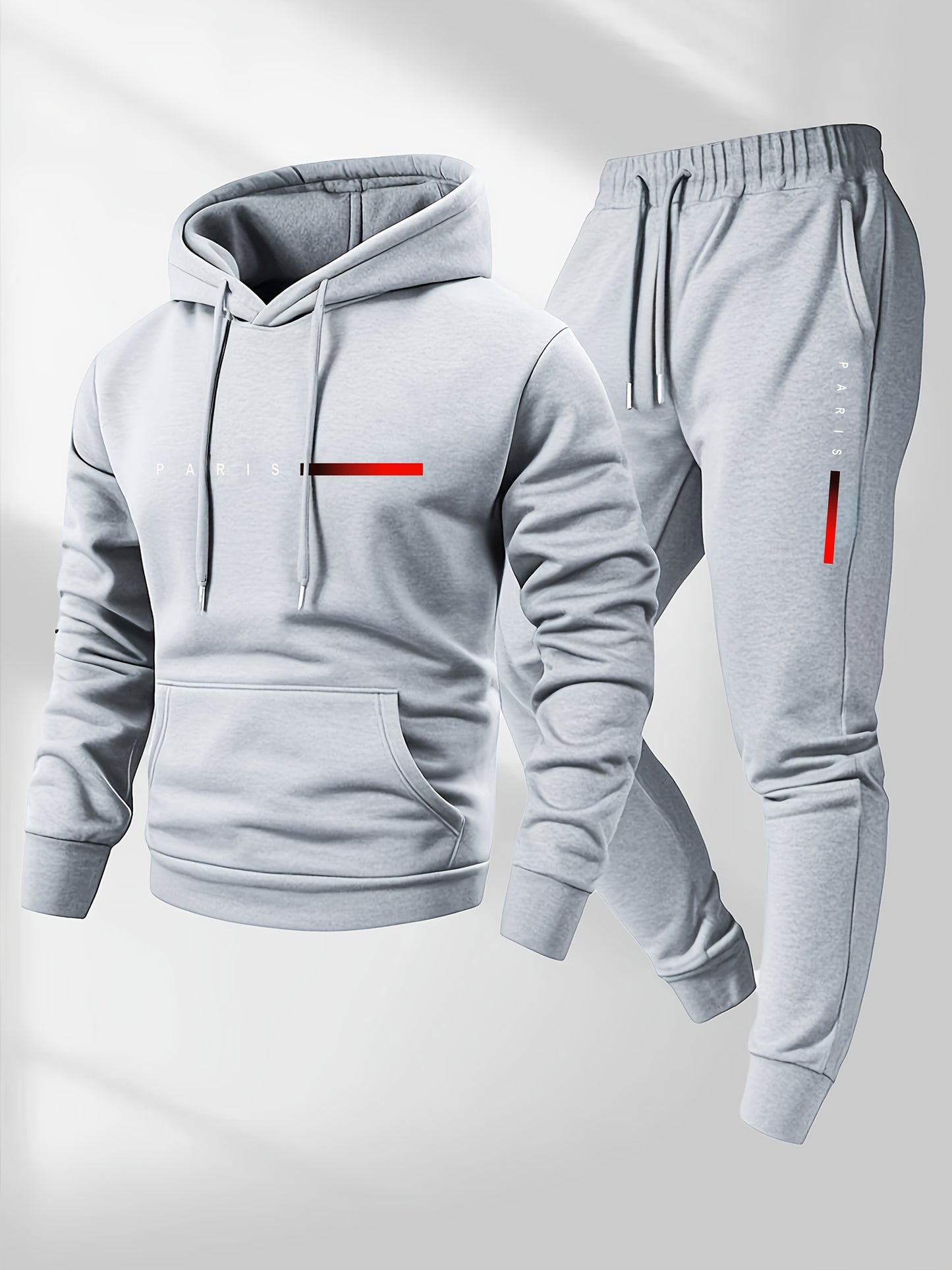 2pcs Men'S Casual Cartoon Paris Letter Drawstring Hoodie and Sports Trousers Set | Hooded, Loose Fit, Slight Stretch Fabric, Patterned for Fall/Winter - GoDiscount